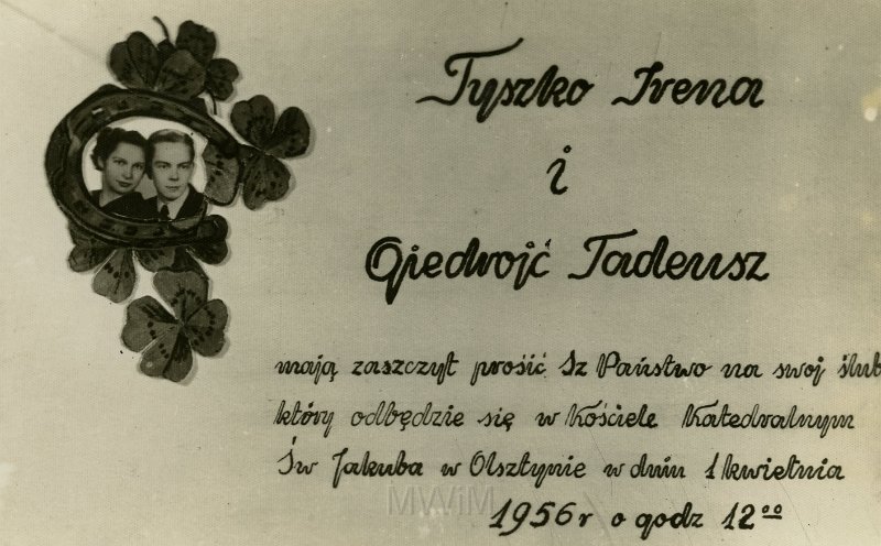 KKE 4418.jpg - Zaproszenie na ślub Ireny (Tyszko) i Tadeusza Giedrojć, Olsztyn, 1956 r.